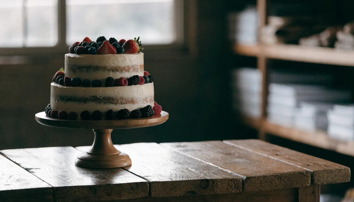 Torta de boda terminada, lista para entrega, sobre una mesa de madera