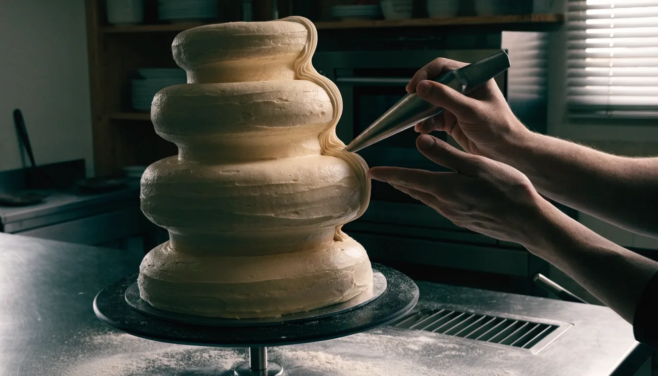 Manos de repostera decorando con manga pastelera un pastel de boda de tres pisos en una cocina artesanal de San José