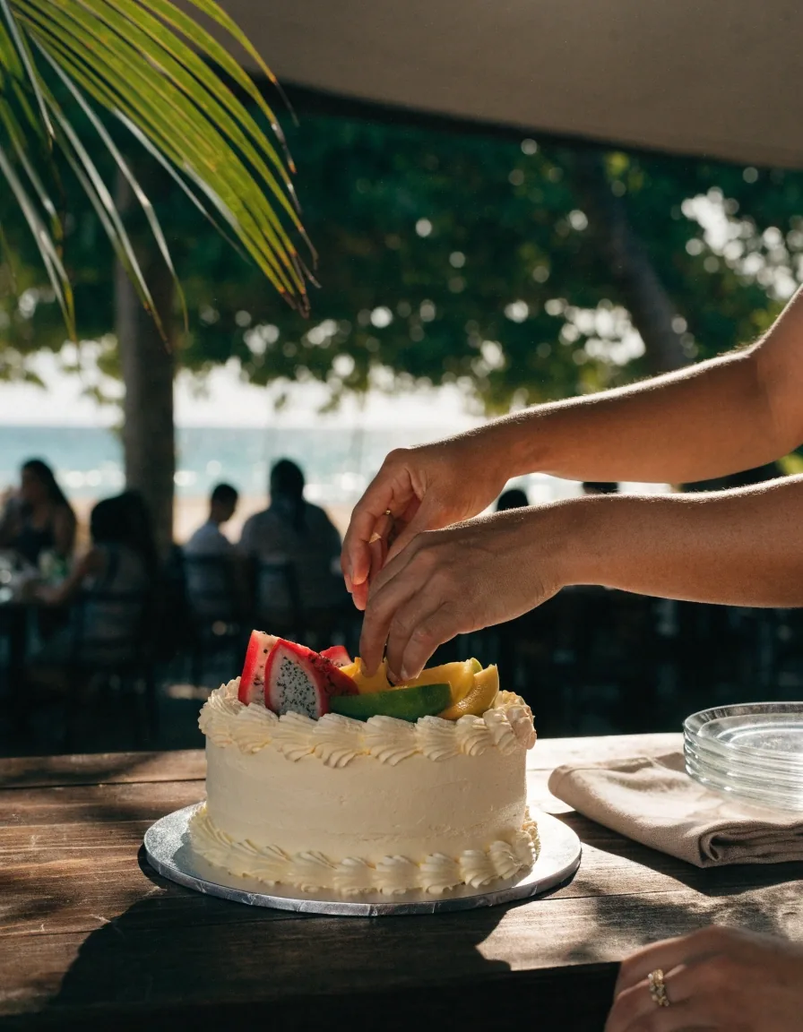 Pastel con frutas tropicales sobre una mesa bajo un toldo durante una celebración frente al mar en Jacó