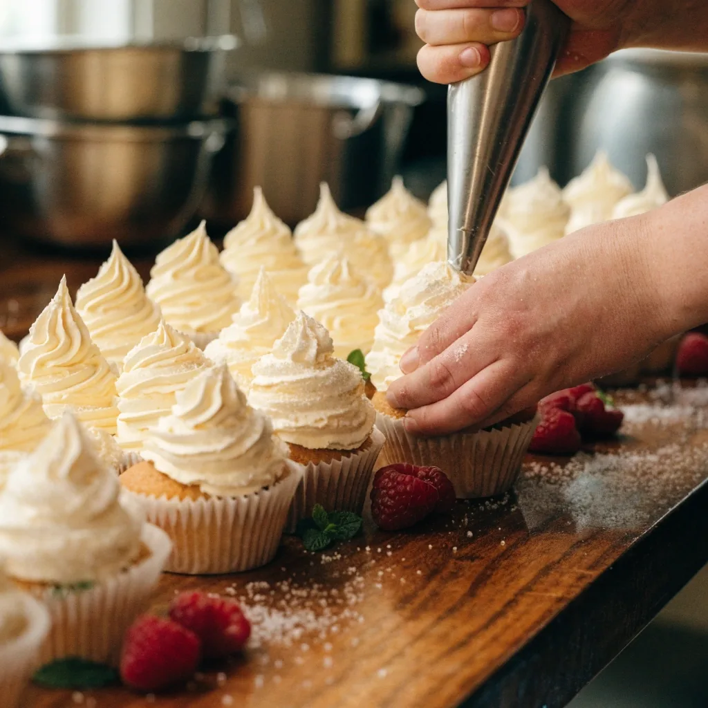 Cupcakes con buttercream decorados a mano sobre una mesa de evento