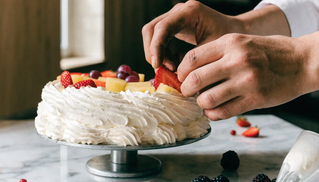 Pastel terminado con buttercream y fruta fresca sobre el mostrador de la repostería al final del día