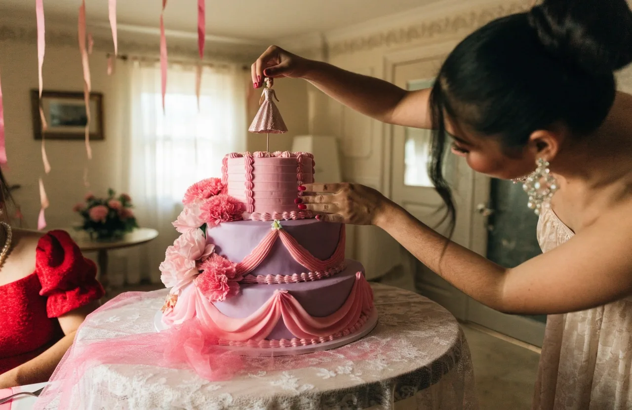 Pastel de cumpleaños con flores frescas siendo colocado sobre la mesa de una casa