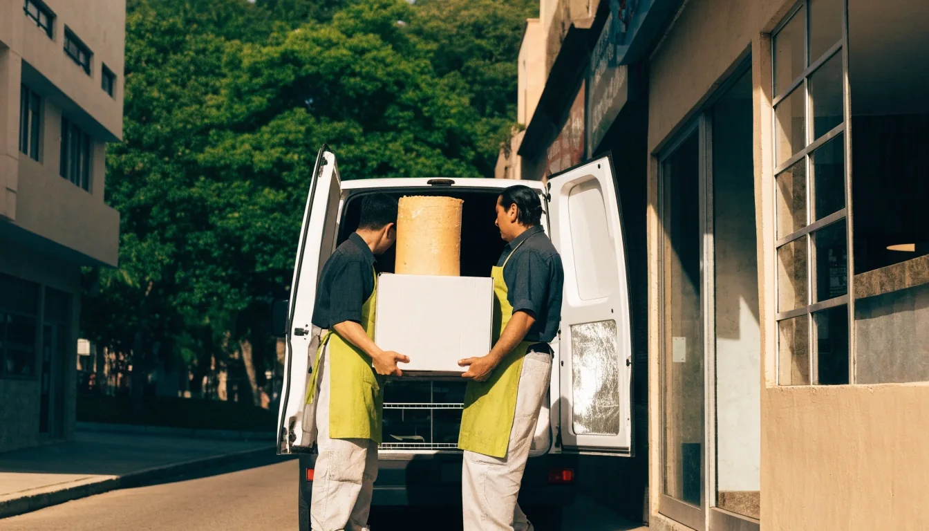 Personal de repostería trasladando un pastel en caja hacia la camioneta de entrega