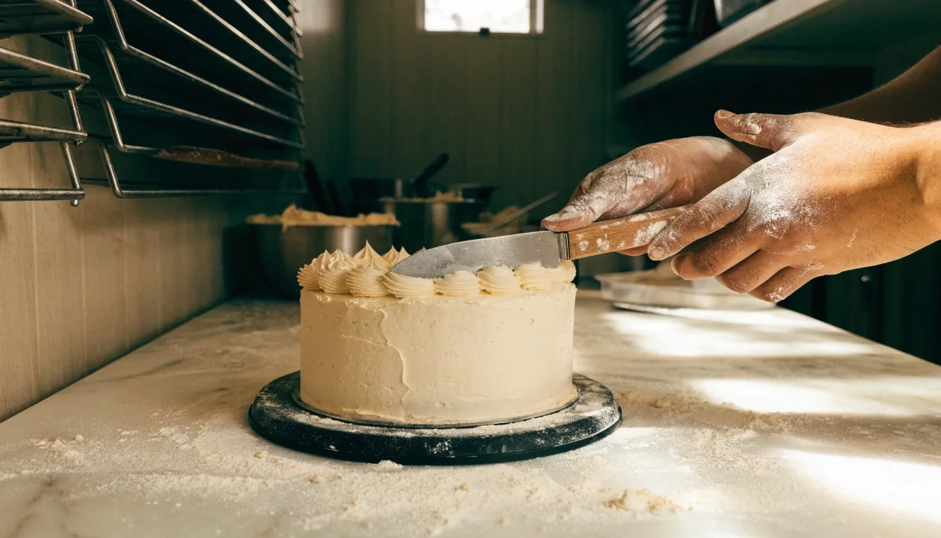Repostera artesanal alisando el buttercream de un pastel de celebración en la cocina de una repostería en San José