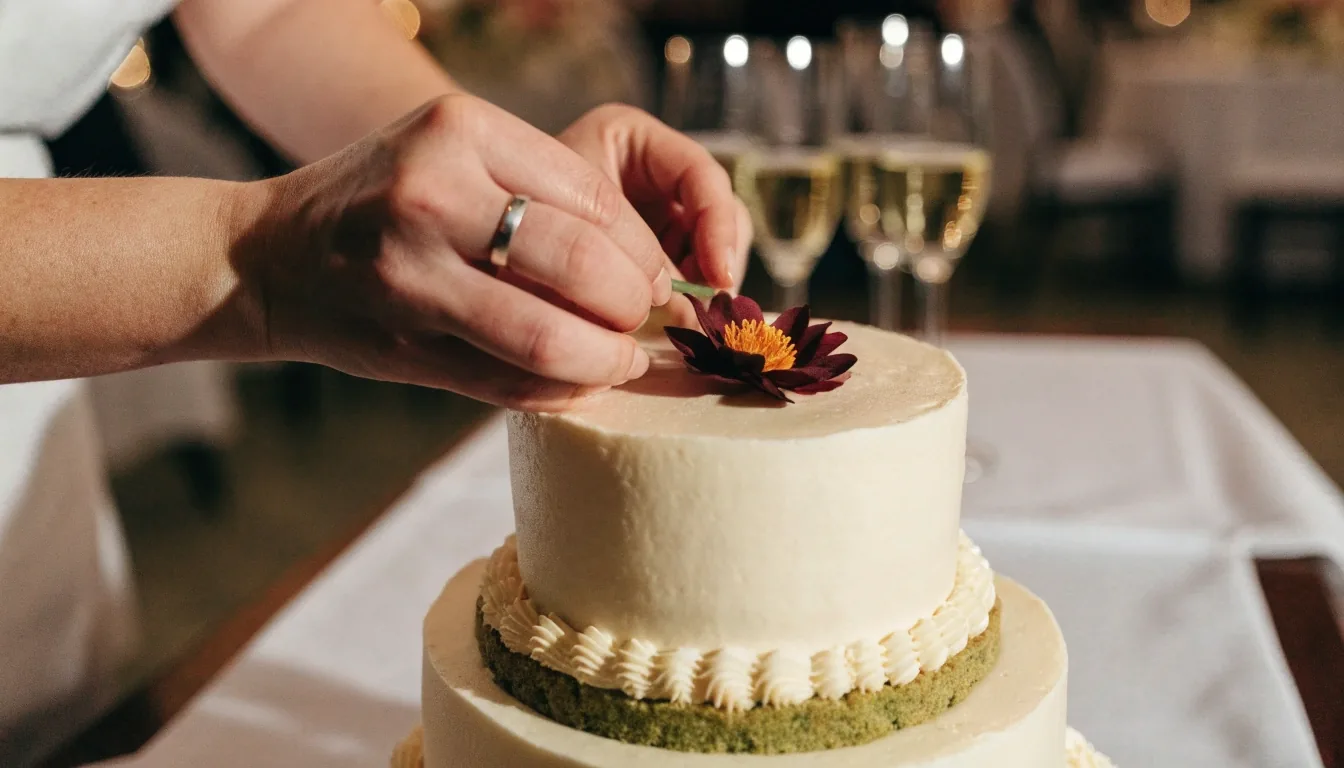 Torta de boda de dos pisos con flores frescas sobre una mesa de recepción