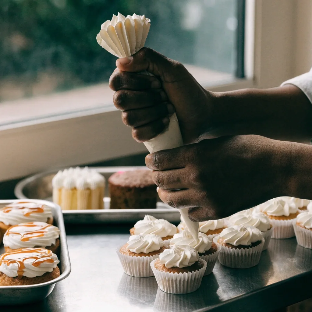 Vitrina de una repostería local con pasteles y postres individuales ordenados
