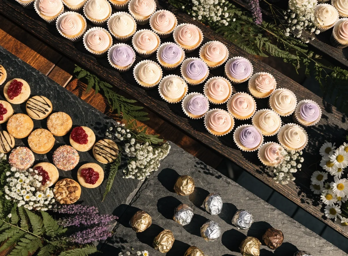 Vista desde arriba de una mesa dulce terminada con cupcakes, galletas decoradas y chocolates