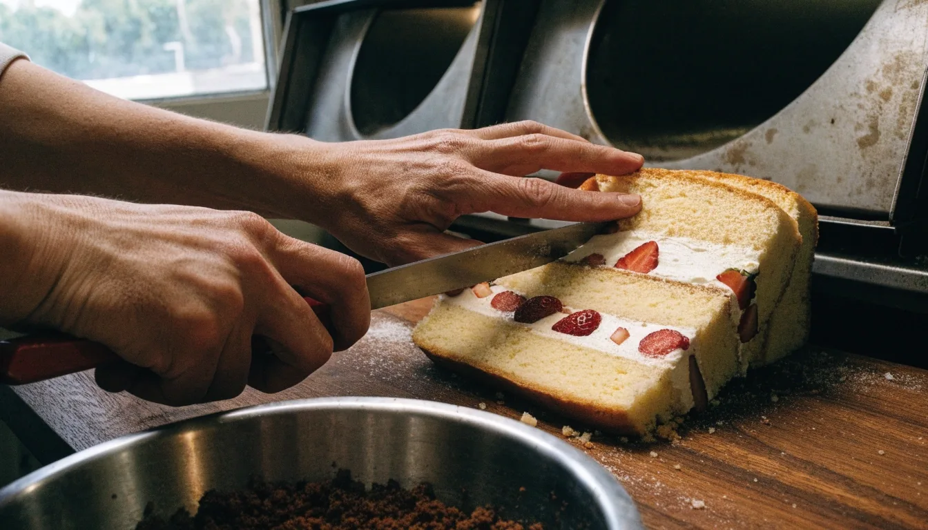 Manos cortando una capa de bizcocho de vainilla con relleno de buttercream en la cocina de la repostería