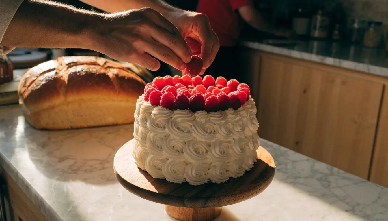 Pastel de celebración terminado sobre una base de madera en un comedor con luz cálida de tarde