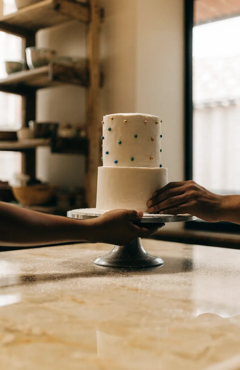 Pastel de boda de tres pisos con buttercream marfil y flores naturales sobre una mesa de madera