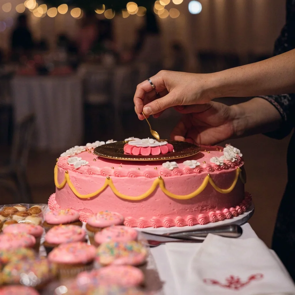 Torta de quince años en tonos rosados y dorados sobre una mesa de postres con cupcakes y bocadillos alrededor