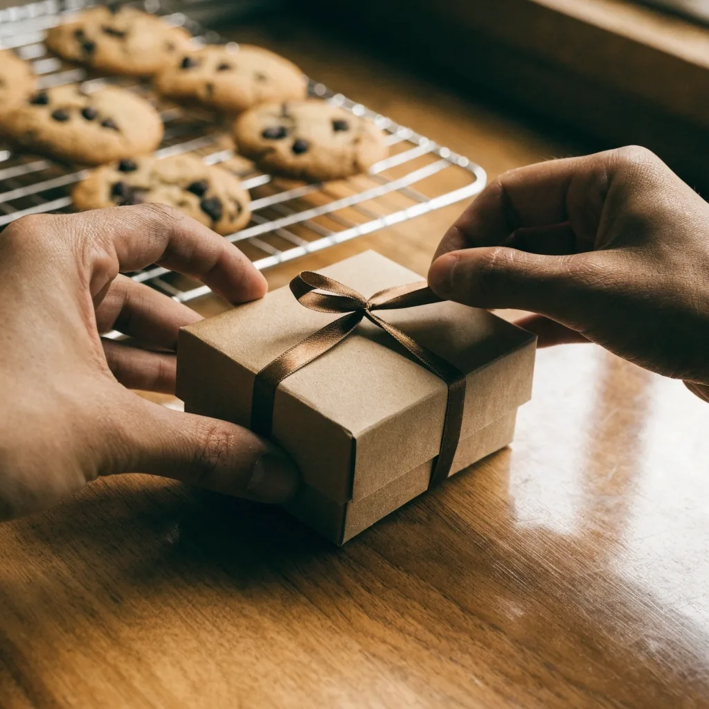 Manos de repostera atando una cinta alrededor de una caja de pasteles sobre el mostrador