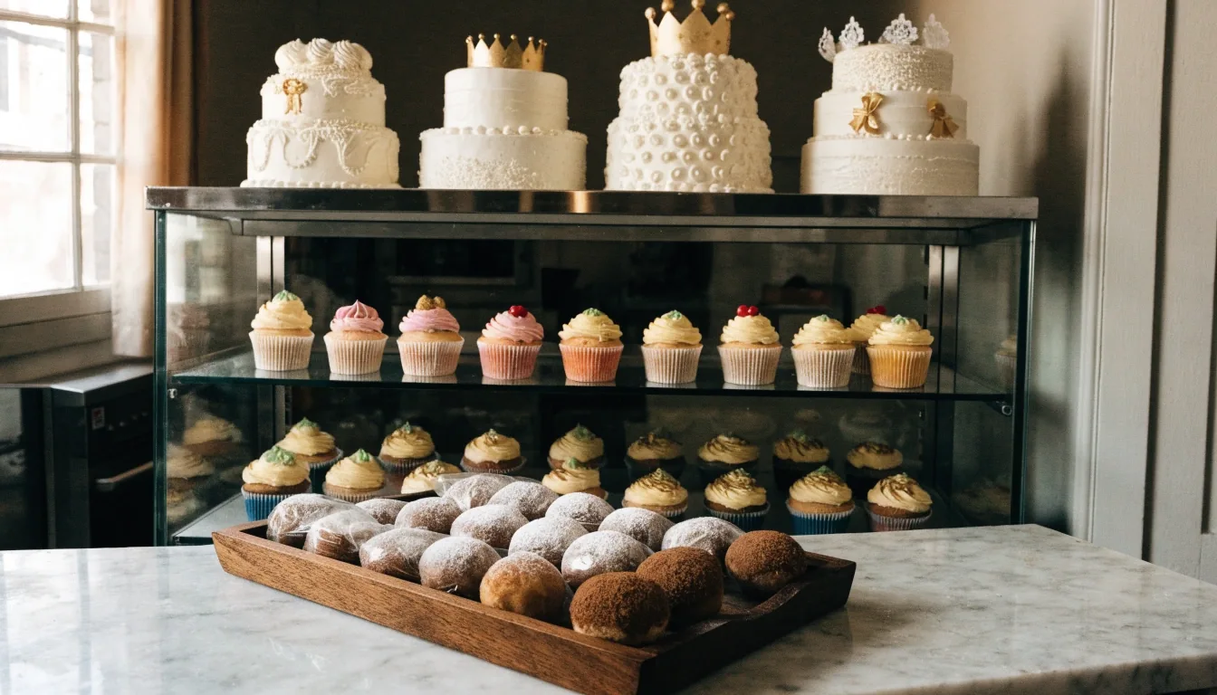Vista amplia del mostrador de una repostería artesanal con vitrina de pasteles y luz de día