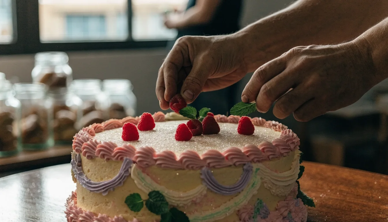 Manos de repostera alisando el betún de un piso de torta de boda sobre la mesa de trabajo
