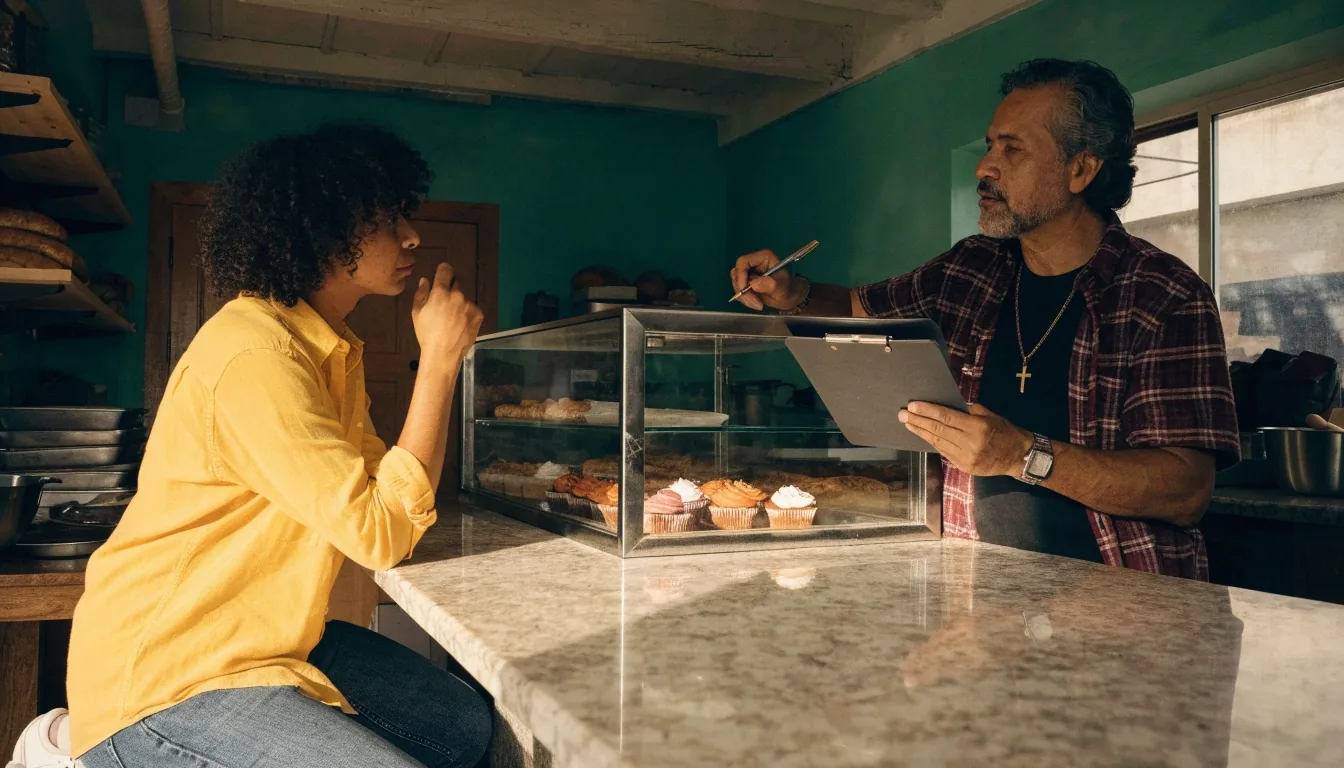 Mostrador de repostería con vitrina de pastelitos y una persona anotando un pedido