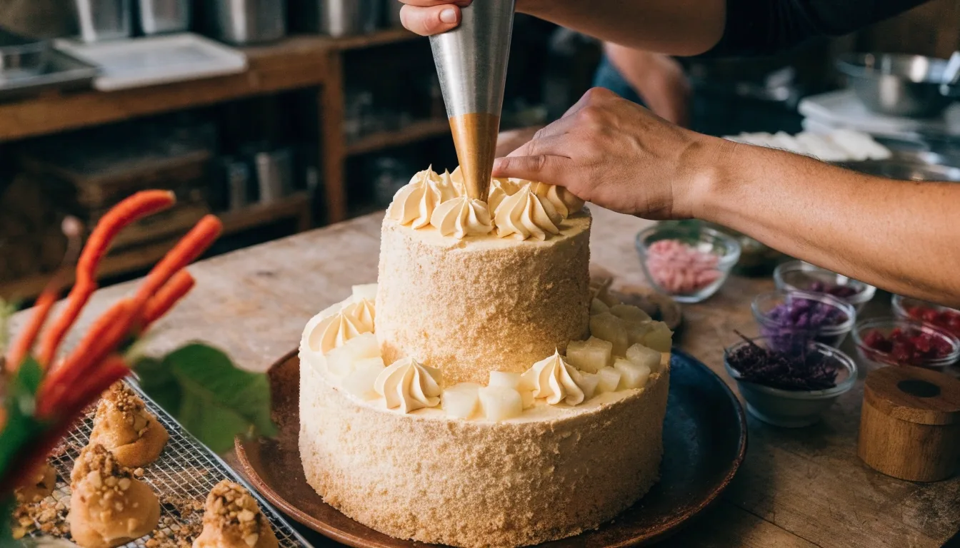 Manos de repostera alisando buttercream sobre un pastel de varios pisos en San José