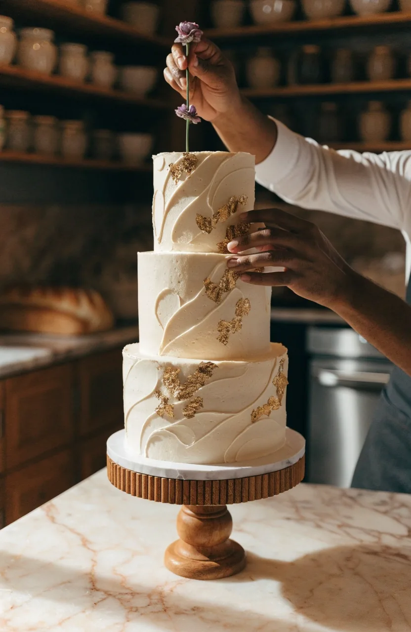 Detalle de un pastel de celebración decorado con flores frescas sobre una base de madera