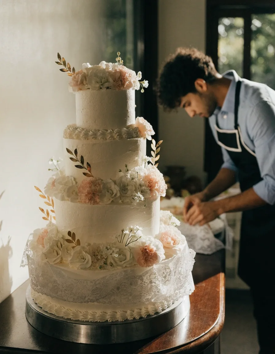 Pastel de bodas de tres pisos decorado con flores blancas en la sala de preparación de LBTW