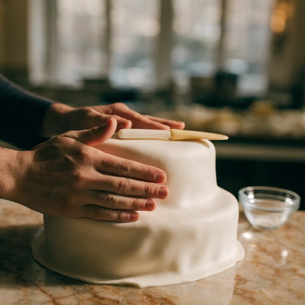 Manos de repostera alisando buttercream con espátula sobre el costado de una torta de dos pisos