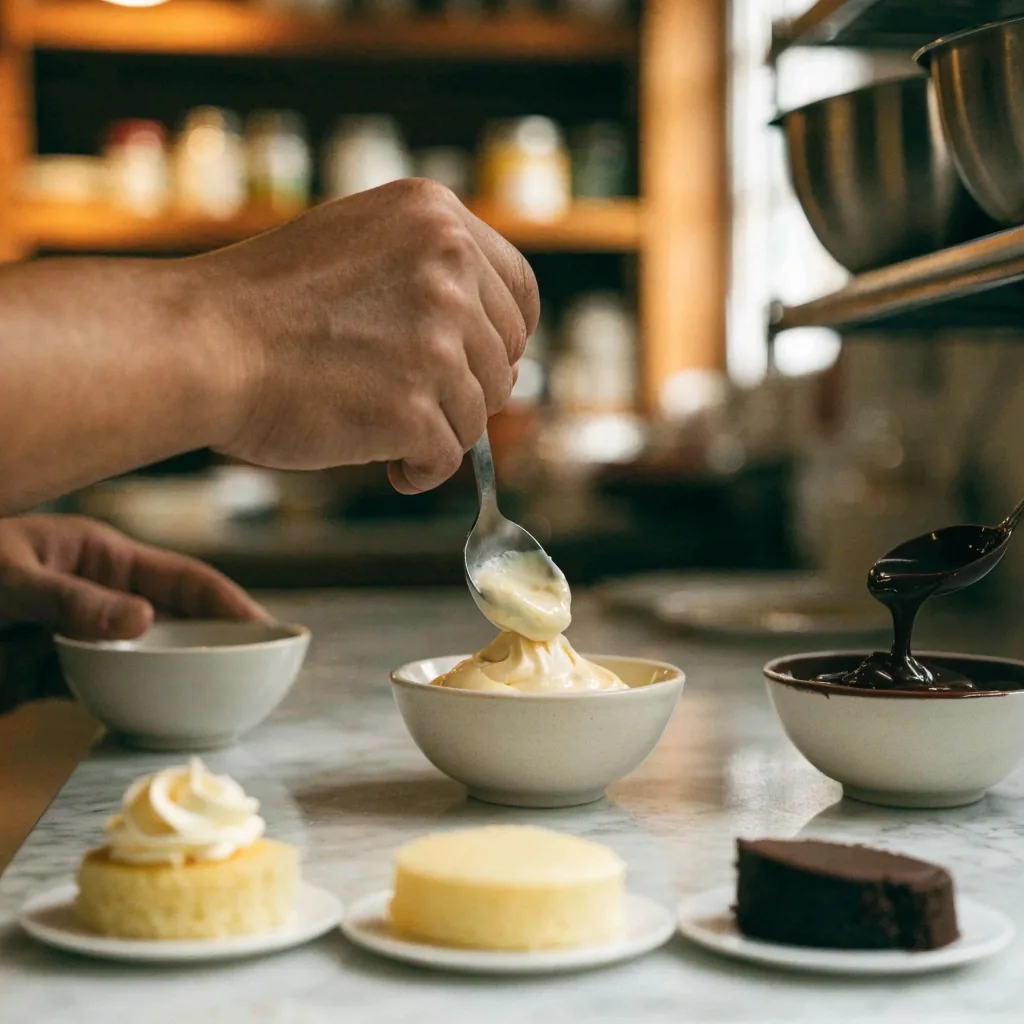 Mesa con tres porciones pequeñas de distintos rellenos de pastel y boles con crema y ganache durante una prueba de sabor