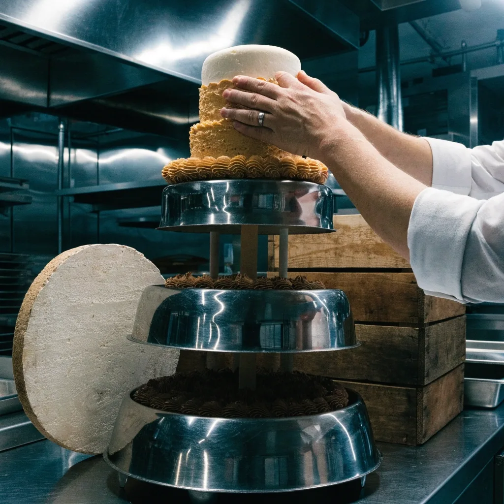 Pastel de tres pisos en proceso de montaje con separadores internos sobre una mesa de acero en la cocina