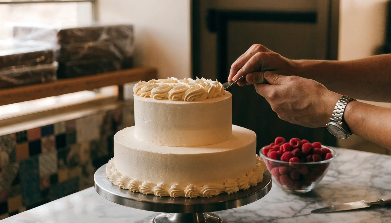 Repostera decorando con manga pastelera el último piso de una torta de boda sobre un torno de metal en una cocina artesanal